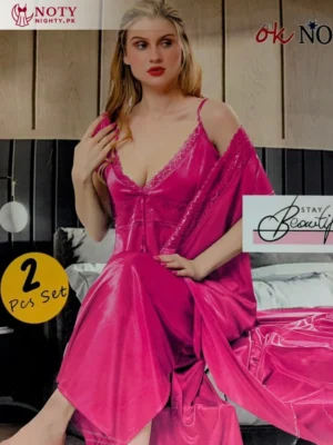 Blush Pink Silk Nighty with Lace Robe